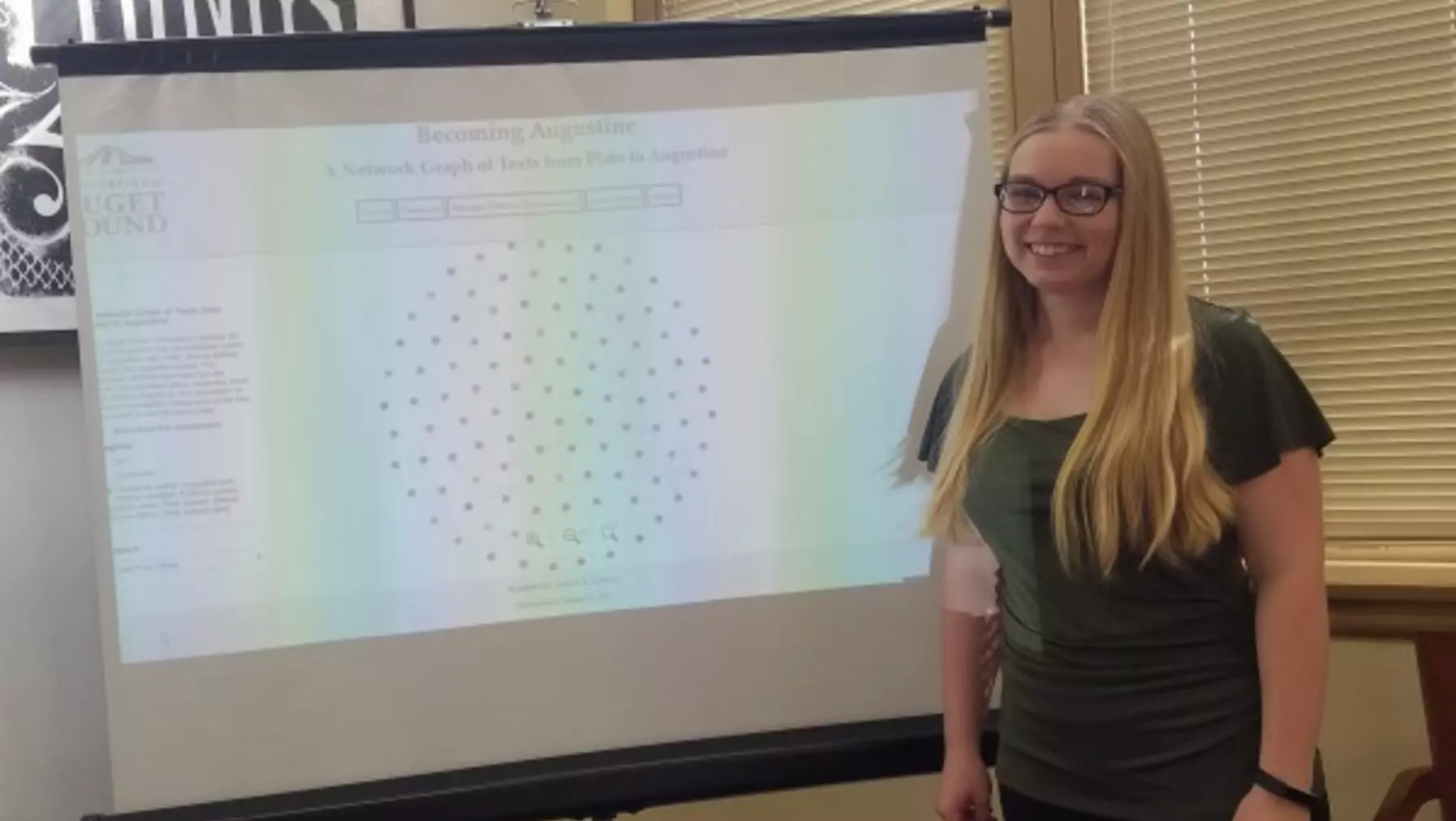 A person standing next to a poster board.